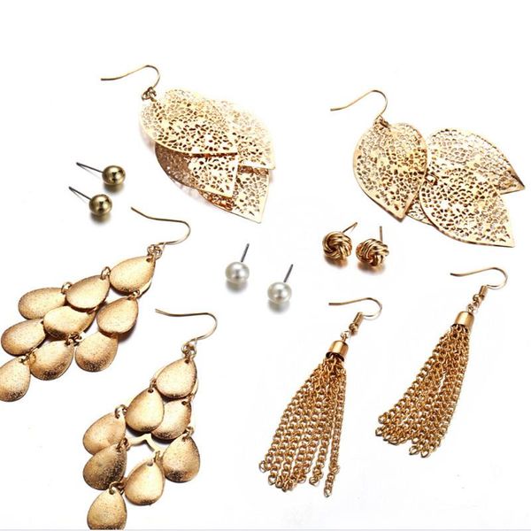 

dangle & chandelier european and american earrings, 6 pairs of board pearl ear studs, hollow leaf woven earrings., Silver