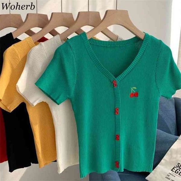 

summer retro knit short sleeve cardigan women cherry embroidery vintage cardigans lady sweet girls knitwear 210519, White;black