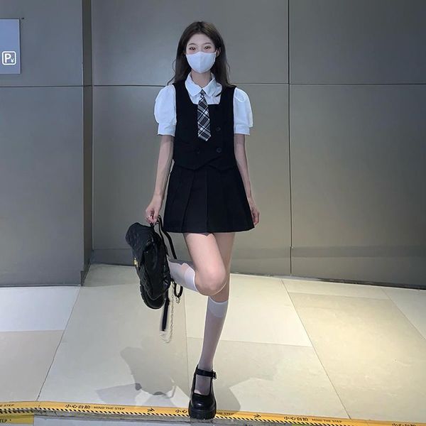 

clothing sets japanese harajuku style women's school uniform tie shirt + double-breasted camisole pleated skirt fashion puff sleeve 202, White