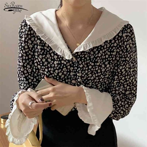 

blusas autumn vintage blouse print floral ruffled casual shirt elegant loose fashion sweet chic clothing 10172 210421, White