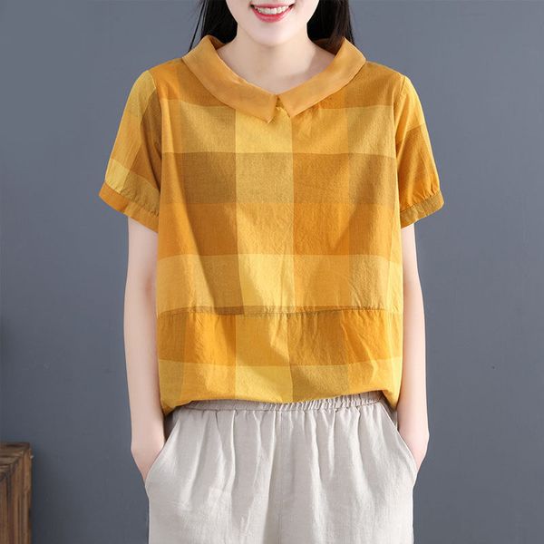 

women's blouses & shirts summer arts style women short sleeve loose casual peter pan collar blouses cotton linen plaid vintage s, White