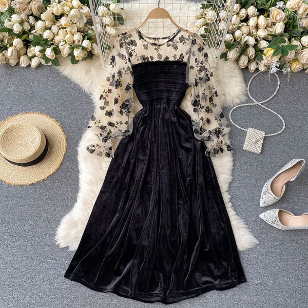 

singreiny women design splice velour dress french mesh flower puff sleeve a-line dresses spring retro fashion streetwear dress 210419, Black;gray