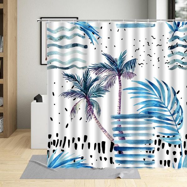 

blue tropical plants shower curtain palm leaves coconut tree pattern bathroom home waterproof with hooks washable decoration curtains