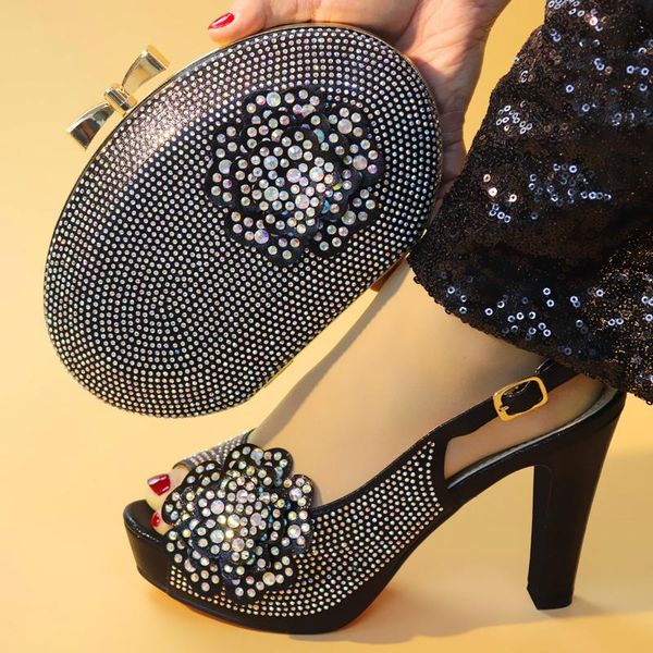 

arrival elegant flowers crystal woman shoes and bag set size 38-42 italian high heels for evening party dress, Black
