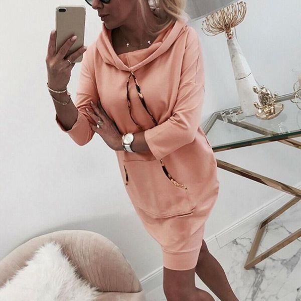

casual dresses spring autumn long pullover dress women sleeve solid color jumper sweatshirt plus size hooded #wby, Black;gray