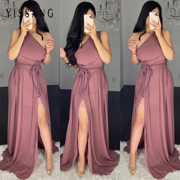 

casual dresses yissang one shoulder high split sashes maxi long women dress party ladies 2021 summer bandage elegant vintage, Black;gray