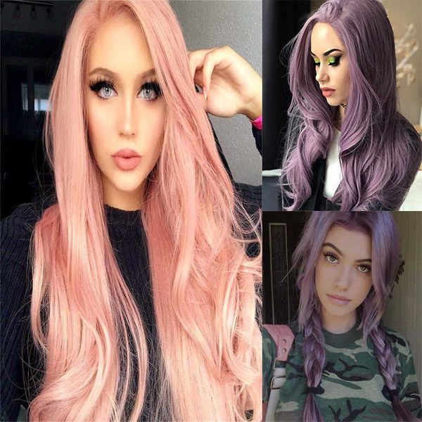 

female harajuku purple pink big wave long curly hair medium differentiated fiber wig cover, Black