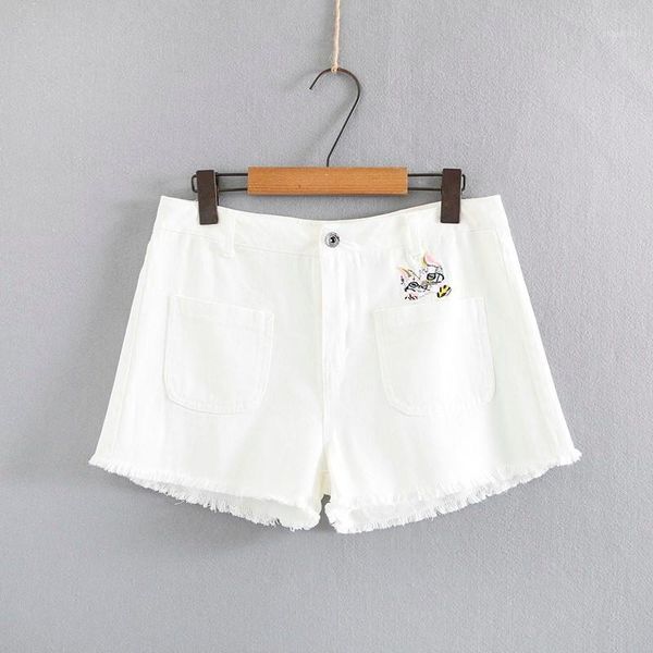 

women's shorts oversized high waisted cat embroidery jeans plus size summer denim for women short pants, White;black