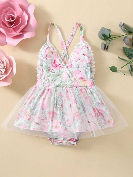 

baby floral mesh hem criss cross back combo bodysuit dress she, Red;yellow