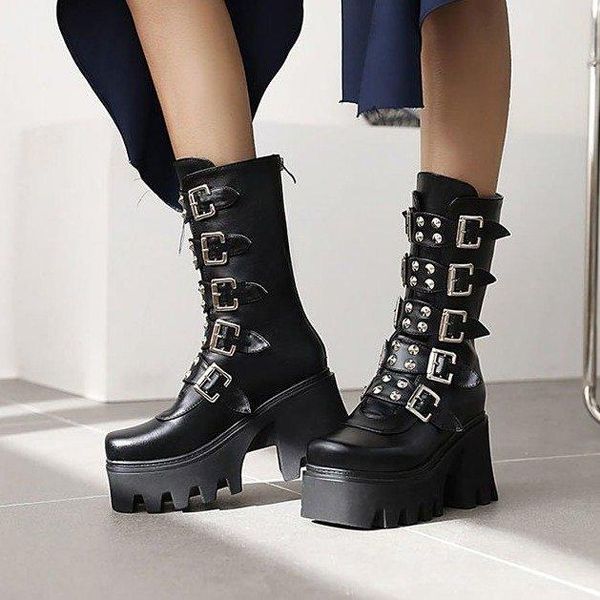 

boots 2021 fashion cool gothic style rivets belt buckles punk square heels thick platform motorcycles women shoes size 43, Black