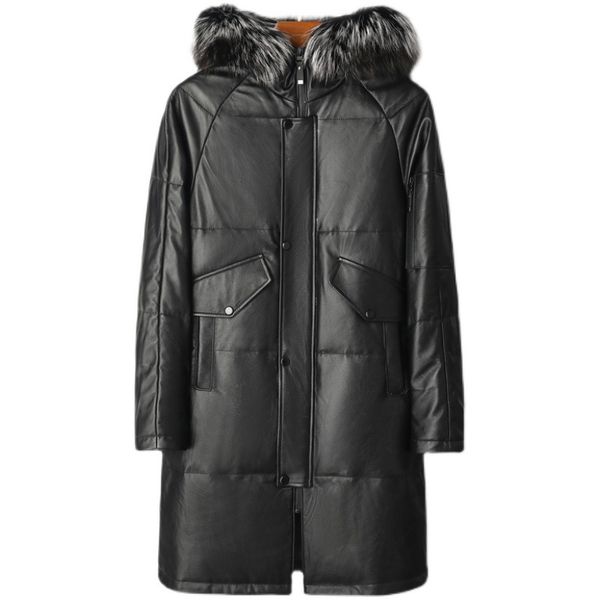 Giacca in vera pelle Giacche invernali da uomo Piumini lunghi Parka con cappuccio Cappotto da neve caldo Capispalla Soprabito Felpe con cappuccio Top Taglie forti Collo in vera pelliccia nera