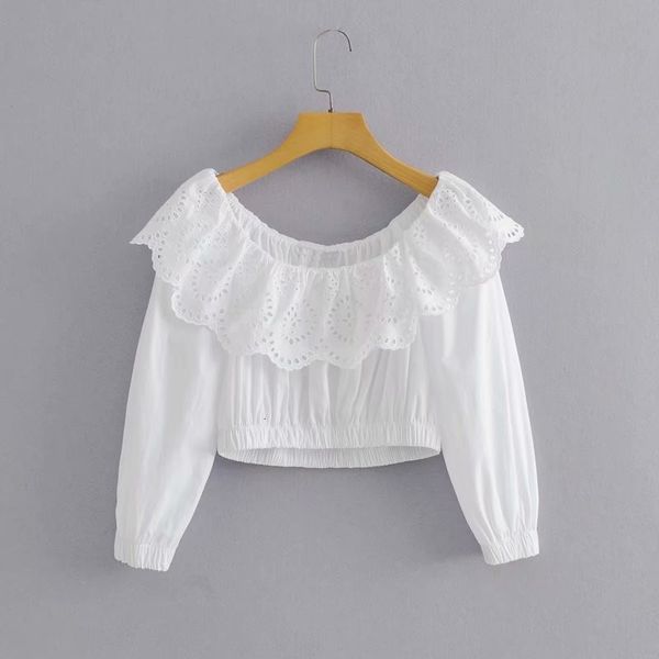 

women's knits & tees women fashion embroidery collar slash neck za white short blouse chic lady casual long sleeve elastic high wa
