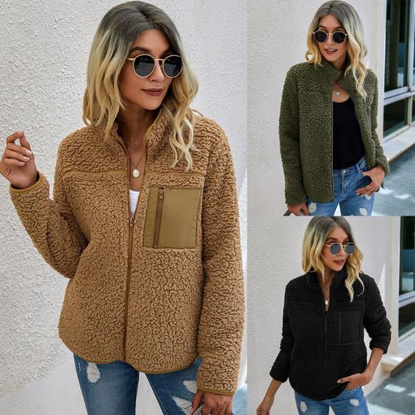 

women's wool & blends fleece fur coats and jackets women 2021 fluffy outwear zip up turn-down collar with pockets black ladies winter w