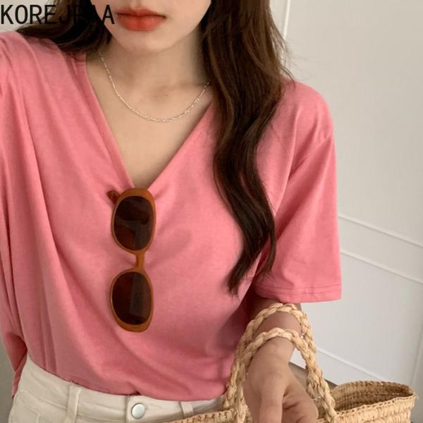 

women's t-shirt korejpaa women 2021 korea chic summer simple wild solid color v-neck pullover loose casual short-sleeved tee female, White