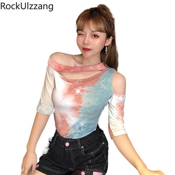 

summer cut hollow shoulder irregular neck aesthetic tie dye women fashion t-shirt bodycon good stretch t shirt korean tee women's, White