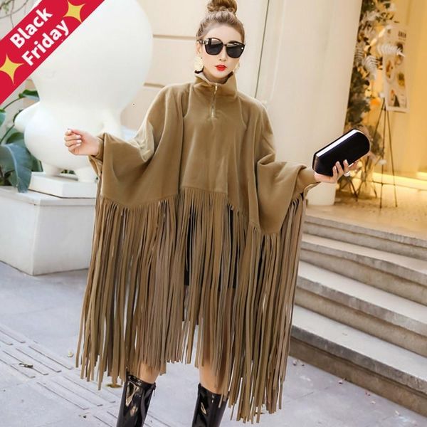 

[ewq] 2021 autumn winter women overcoat manteau fashion streetwear batwing sleeve faux mink cashmere tassel cloak coat poncho women's j, Black;brown