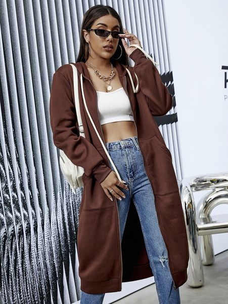 

zip up drawstring long hoodie 474w#, White;black