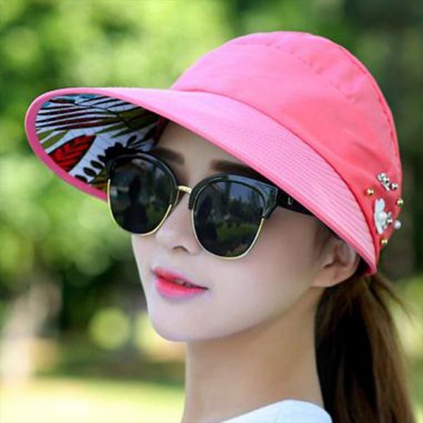 

arrival uv protection women summer beach sun hats pearl packable visor hat with heads wide brim female cap, Blue;gray
