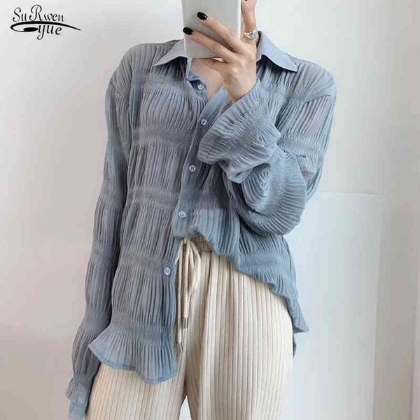 

sun protection pleated long sleeve women shirt casual plus size loose blouse cardigan chiffon puff 10140 210508, White