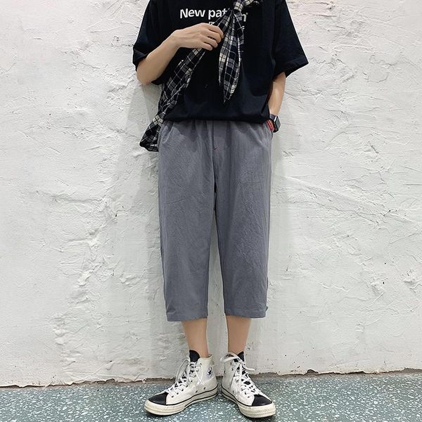 

men's pants 2021 spring han fan japanese harajuku straight wild personality seven points thin section loose solid color casual, Black