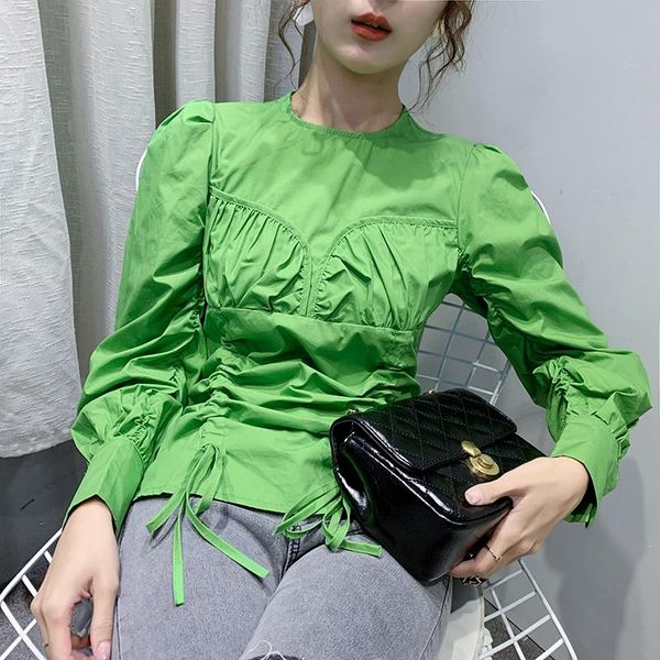 

women's polos puff sleeve shirt design sense non-mainstream 2021 spring and autumn retro hong kong style drawstring long, White