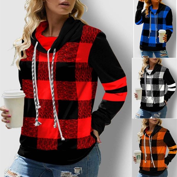 

2021 new women's plaid printed long sleeve drawstring high neck sweater, Black