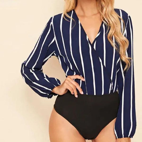 

women's jumpsuits & rompers women bodysuit v neck striped print long sleeve jumpsuit playsuits overalls for ladies romper slim backless, Black;white
