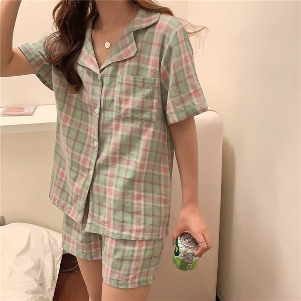 

sleepwear korean girls sleepwear plaid all match brief sweet homewear summer women thin loose pajamas sets, Black;red
