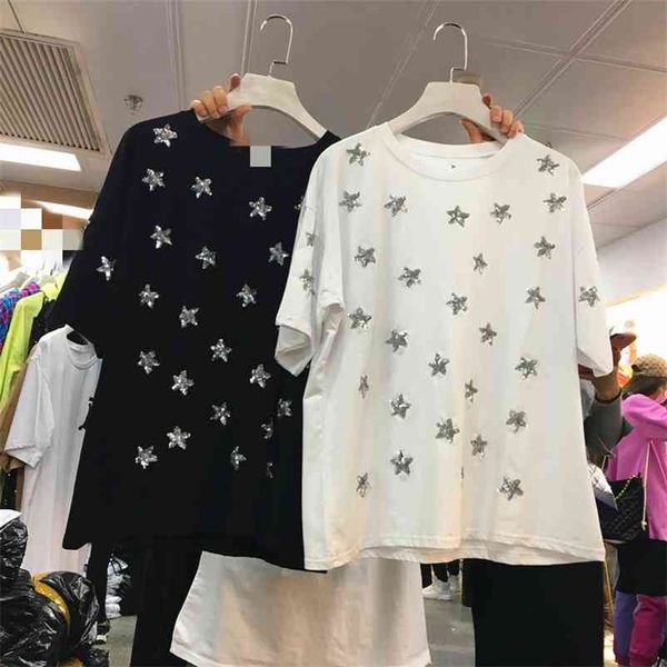 

summer woman fashion style short sleeve t-shirt women's sequined star pattern tee tees students a832 210519, White
