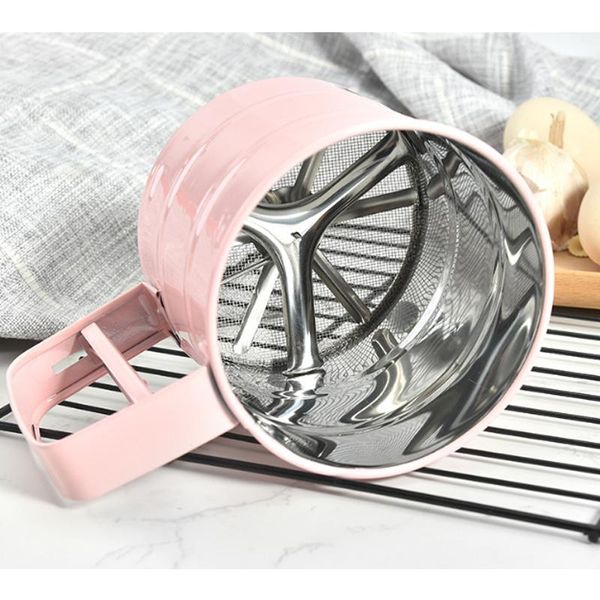 

stainless steel sieve cup blue pink powder flour mesh baking tools for cakes decorating pastry bakeware &