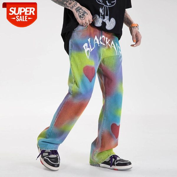 

lover pattern letter graffiti streetwear jeans pants for men straight washed frayed denim trousers loose casual jean #qe6z, Blue