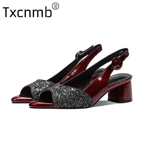 

sandals txcnmb 2021 brand design buckle ladies genuine leather thick heels pumps summer est retro wedding office woman1, Black
