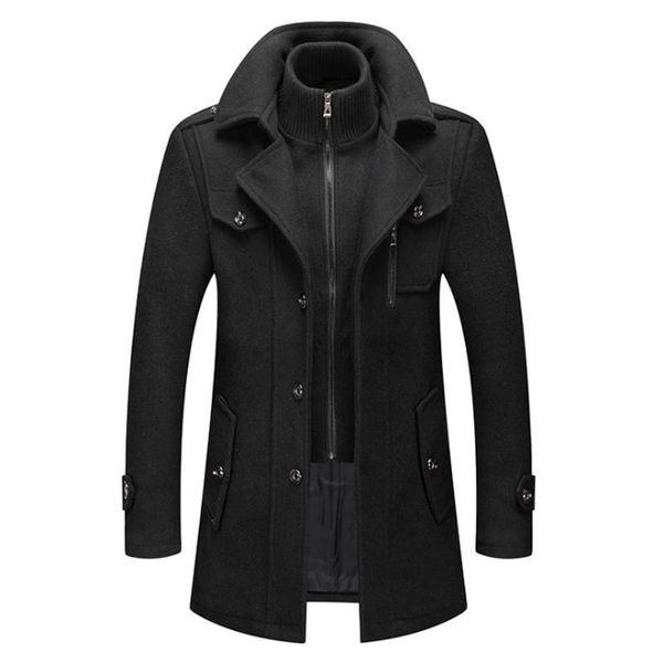 

winter wool coat men double collar thick jacket single breasted trench fashion blends overcoats men's &, Black