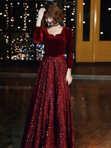

full sleeve spring women formal prom dress v-neck bride wedding party bling sequins gown floor-length skirt large size ethnic clothing, Red