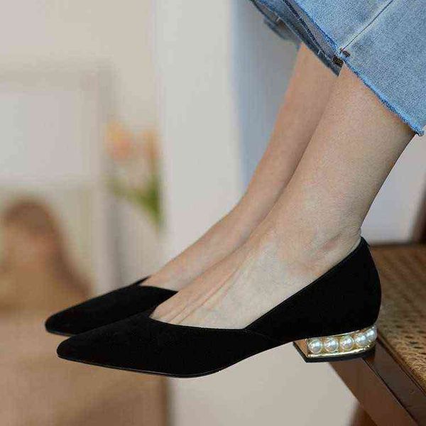 

sandals women's flat shoes pearl high heels ballet style pointed women's shoes suede season 220309, Black