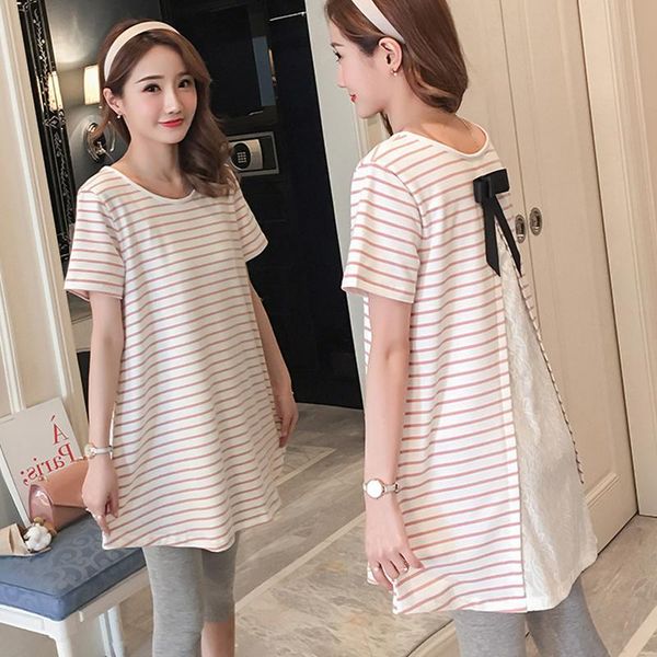 

maternity & tees summer cotton t-shirt pregnant women black white stripe clothing pregnancy wear long casual loose bow shirts