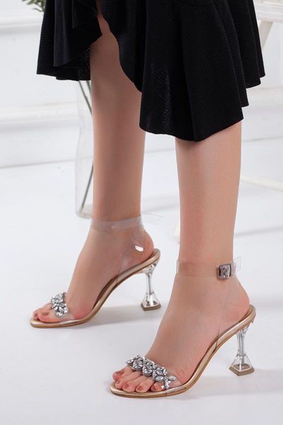 

sandals pergamon fashion women gold color transparent stone stiletto thin heeled shoes night party wedding daily season, Black