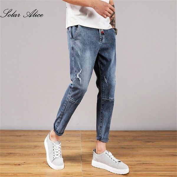

men's spring and summer ripped feet jeans mid-waist ankle-length casual pants, Blue