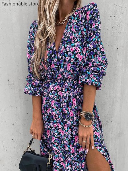 

casual dresses women long sleeves floral print high slit maxi dress, Black;gray