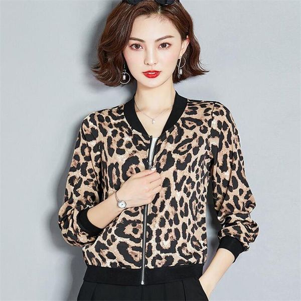 

women's jackets ladies leopard print cardigan jacket sun protection women short outwear simulated silk loose baseball uniform female, Black;brown
