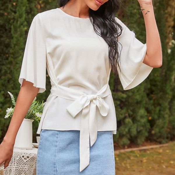 

women's t-shirt 2021 summer t-shirts women casual o-neck flare sleeve waist bandage ladies femme elegant office shirt blusas plus size, White