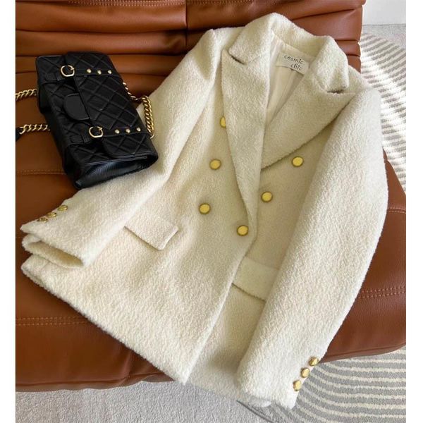 

women's wool & blends 21winter high end jacket women long sleeve double breasted tweed blazer quality vintage gold button office lady, Black