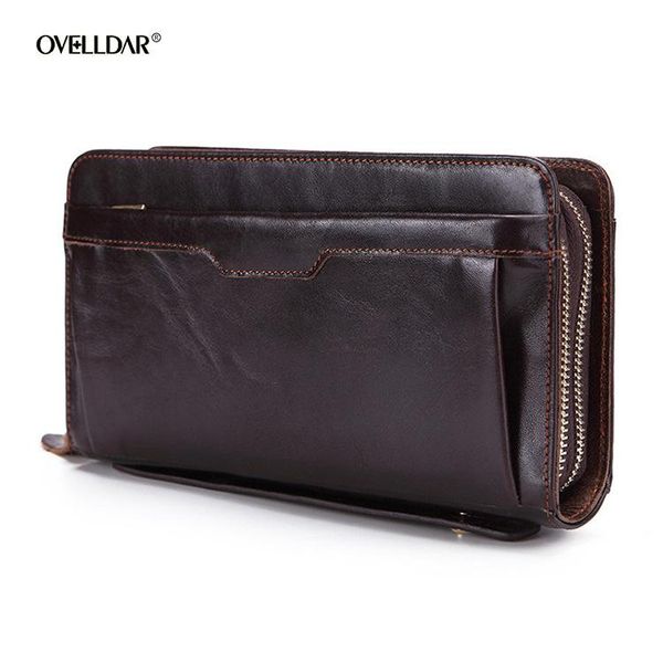 

retro business long men's wallet oil wax leather zipper genuine wallets, Red;black