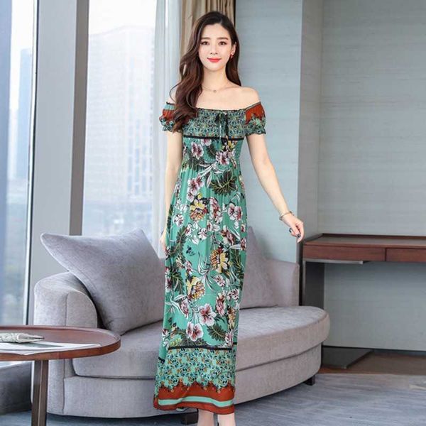 

summer fashion temperament women square collar short sleeve printed chiffon dress 210531, Black;gray
