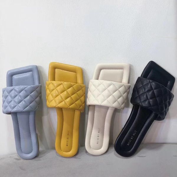 

slippers 2021 brand women slipper square toe flat embroidery sandals soft rubber sole open slides summer casual outdoor flip flop, Black