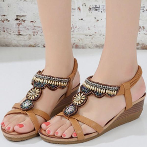 

sandals bohemia style women's wedges platform heels ladies shoes summer t-tied ankle strap slip-on female footwear 2021 sandales, Black