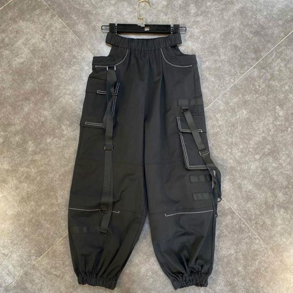 

women's pants & capris 2021 autumn arrivals stretch waist side hollow out black wide leg long with pockets streetwear women c081, Black;white