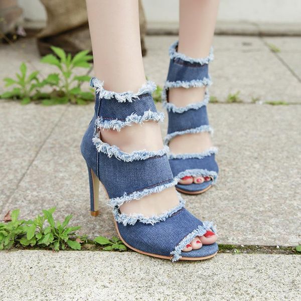 

summer sandals fish mouth thin heel roman women's shoes fashion denim high zapatos de mujer, Black