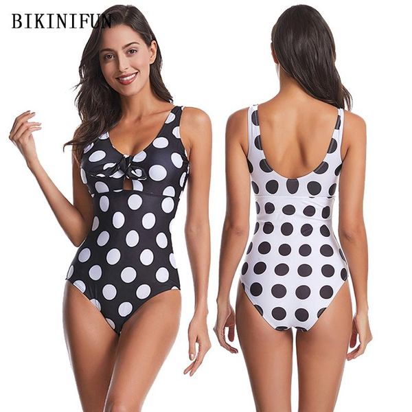 

one-piece suits 2021 front bow knot swimsuit women scoop neck one piece suit pullover bathing s-2xl girl polka dot swimwear monokini