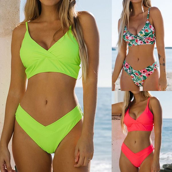 

bikini set for women low cut high leg brazilian female bathing suit crop padded push up ruched solid floral two piece separate neon green, White;black